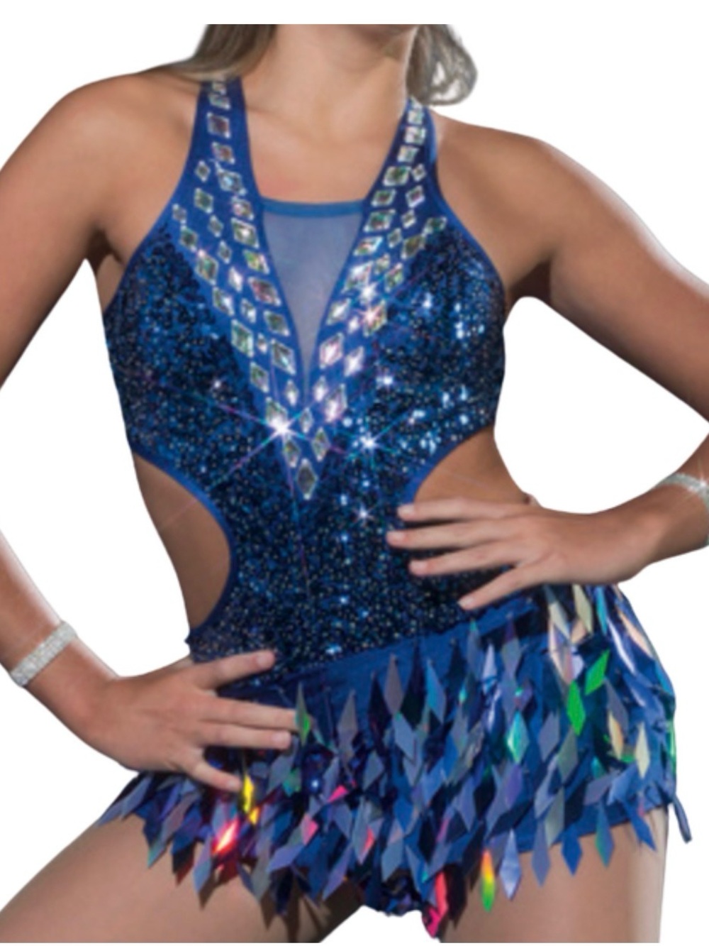 Glamour Royal Blue Sequin Dance Costume with Holographic Fringe - Youth Large
